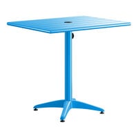 Lancaster Table & Seating 24" x 32" Blue Powder-Coated Aluminum Dining Height Outdoor Table with Umbrella Hole