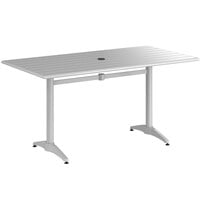 Lancaster Table & Seating 32 inch x 60 inch Silver Powder-Coated Aluminum Dining Height Outdoor Table with Umbrella Hole