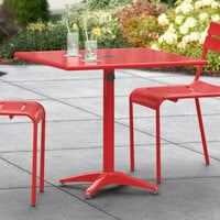 Lancaster Table & Seating 32 inch x 32 inch Red Powder-Coated Aluminum Dining Height Outdoor Table with Umbrella Hole