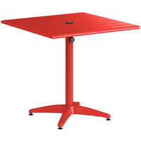 Lancaster Table & Seating 32 inch x 32 inch Red Powder-Coated Aluminum Dining Height Outdoor Table with Umbrella Hole