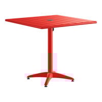 Lancaster Table & Seating 32" x 32" Red Powder-Coated Aluminum Dining Height Outdoor Table with Umbrella Hole