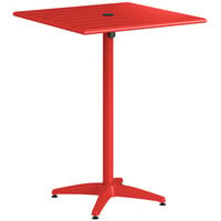 Lancaster Table & Seating 32 inch x 32 inch Red Powder-Coated Aluminum Bar Height Outdoor Table with Umbrella Hole