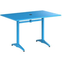 Lancaster Table & Seating 32" x 48" Blue Powder-Coated Aluminum Dining Height Outdoor Table with Umbrella Hole