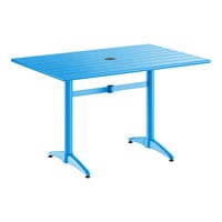 Lancaster Table & Seating 32" x 48" Blue Powder-Coated Aluminum Dining Height Outdoor Table with Umbrella Hole
