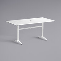 Lancaster Table & Seating 32 inch x 60 inch White Powder-Coated Aluminum Dining Height Outdoor Table with Umbrella Hole