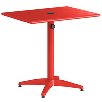 Lancaster Table & Seating 24 inch x 32 inch Red Powder-Coated Aluminum Dining Height Outdoor Table with Umbrella Hole