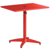 Lancaster Table & Seating 24" x 32" Red Powder-Coated Aluminum Dining Height Outdoor Table with Umbrella Hole