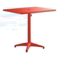 Lancaster Table & Seating 24" x 32" Red Powder-Coated Aluminum Dining Height Outdoor Table with Umbrella Hole