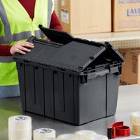 Choice 19 13/16 inch x 14 inch x 12 15/16 inch Medium Stackable Black Chafer Tote / Storage Box with Attached Lid