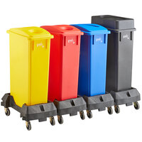 Lavex Janitorial 23 Gallon 4-Stream Slim Rectangular Mobile Recycle Station with Black Drop Shot, Blue Paper Slot, Red Bottle / Can, and Yellow Bottle / Can Lids