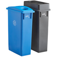 Lavex Janitorial 23 Gallon 2-Stream Slim Rectangular Recycle Station with Black Drop Shot and Blue Bottle / Can Lids