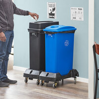 Lavex Janitorial 23 Gallon 2-Stream Slim Rectangular Mobile Recycle Station with Black Drop Shot and Blue Bottle / Can Lids
