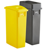 Lavex Janitorial 23 Gallon 2-Stream Slim Rectangular Recycle Station with Black Drop Shot and Yellow Bottle / Can Lids