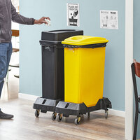 Lavex Janitorial 23 Gallon 2-Stream Slim Rectangular Mobile Recycle Station with Black Drop Shot and Yellow Bottle / Can Lids
