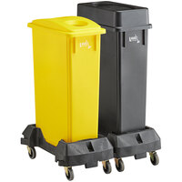 Lavex Janitorial 23 Gallon 2-Stream Slim Rectangular Mobile Recycle Station with Black Drop Shot and Yellow Bottle / Can Lids