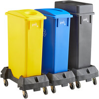 Lavex Janitorial 23 Gallon 3-Stream Slim Rectangular Mobile Recycle Station with Black Drop Shot, Blue Paper Slot, and Yellow Bottle / Can Lids