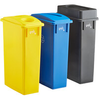 Lavex Janitorial 23 Gallon 3-Stream Slim Rectangular Recycle Station with Black Drop Shot, Blue Paper Slot, and Yellow Bottle / Can Lids