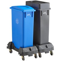 Lavex Janitorial 23 Gallon 2-Stream Slim Rectangular Mobile Recycle Station with Black Drop Shot and Blue Paper Slot Lids