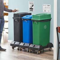 Lavex Janitorial 23 Gallon 3-Stream Slim Rectangular Mobile Recycle Station with Black Drop Shot, Green Drop Shot, and Blue Bottle / Can Lids