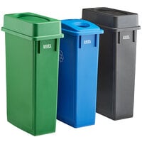 Lavex 69 Gallon 3-Stream Slim Rectangular Recycle Station with Black Drop Shot, Green Drop Shot, and Blue Bottle / Can Lids