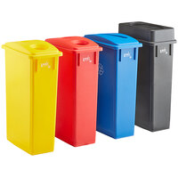 Lavex Janitorial 23 Gallon 4-Stream Slim Rectangular Recycle Station with Black Drop Shot, Blue Paper Slot, Red Bottle / Can, and Yellow Bottle / Can Lids