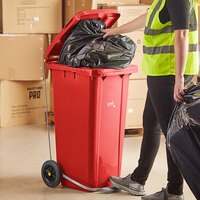 Lavex Janitorial 32 Gallon Red Wheeled Rectangular Trash Can with Lid and Step-On Attachment