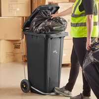 Lavex Janitorial 32 Gallon Black Wheeled Rectangular Trash Can with Lid and Step-On Attachment