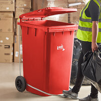 Lavex Janitorial 95 Gallon Red Wheeled Rectangular Trash Can with Lid and Step-On Attachment