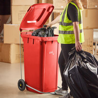Lavex Janitorial 50 Gallon Red Wheeled Rectangular Trash Can with Lid and Step-On Attachment