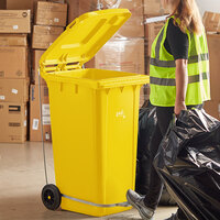Lavex Janitorial 64 Gallon Yellow Wheeled Rectangular Trash Can with Lid and Step-On Attachment