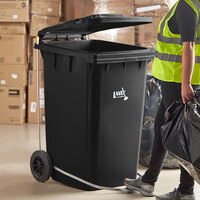 Lavex Janitorial 95 Gallon Black Wheeled Rectangular Trash Can with Lid and Step-On Attachment