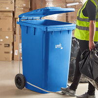 Lavex Janitorial 95 Gallon Blue Wheeled Rectangular Trash Can with Lid and Step-On Attachment
