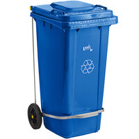 Lavex Janitorial 32 Gallon Blue Wheeled Rectangular Recycle Bin with Lid and Step-On Attachment