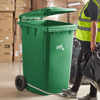 Lavex Janitorial 95 Gallon Green Wheeled Rectangular Trash Can with Lid and Step-On Attachment