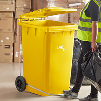 Lavex Janitorial 95 Gallon Yellow Wheeled Rectangular Trash Can with Lid and Step-On Attachment
