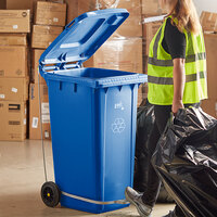 Lavex Janitorial 64 Gallon Blue Wheeled Rectangular Recycle Bin with Lid and Step-On Attachment