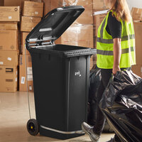 Lavex Janitorial 64 Gallon Black Wheeled Rectangular Trash Can with Lid and Step-On Attachment