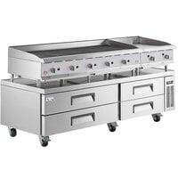 Cooking Performance Group 84 inch 4 Drawer Refrigerated Chef Base with 60 inch Gas Radiant Charbroiler and 24 inch Griddle - 260,000 BTU