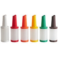 Tablecraft 10285A PourMaster Complete 1 Qt. White Pour Bottle Kit with Assorted Color 1-Piece Neck Spouts and Caps - 12/Pack
