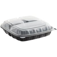 Choice 10" x 10" x 3" Microwaveable 3-Compartment Black / Clear Plastic Hinged Container - 100/Case