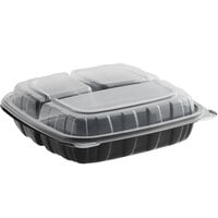 Choice 9" x 9" x 3" Microwaveable 3-Compartment Black / Clear Plastic Hinged Container - 100/Case
