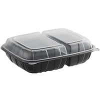 Choice 11 inch x 8 1/2 inch x 3 inch Microwaveable 2-Compartment Black / Clear Plastic Hinged Container - 100/Case