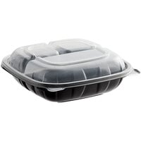 Choice 8 inch x 8 inch x 3 inch Microwaveable 3-Compartment Black / Clear Plastic Hinged Container - 100/Case