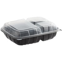 Choice 11" x 8 1/2" x 3" Microwaveable 3-Compartment Black / Clear Plastic Hinged Container - 100/Case