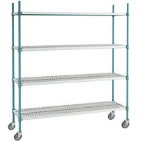 Regency+ 18 inch x 60 inch Green Epoxy Polymer Drop Mat 4-Shelf Kit with 64 inch Posts and Casters