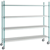 Regency+ 18 inch x 72 inch Green Epoxy Polymer Drop Mat 4-Shelf Kit with 64 inch Posts and Casters
