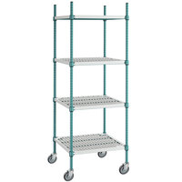 Regency+ 24 inch x 24 inch Green Epoxy Polymer Drop Mat 4-Shelf Kit with 64 inch Posts and Casters