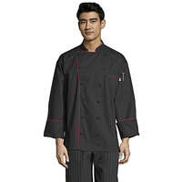 Uncommon Threads Murano 0432 Unisex Black Customizable Executive Long Sleeve Chef Coat with Red Piping - XL