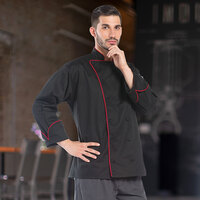 Uncommon Threads Murano 0432 Unisex Black Customizable Executive Long Sleeve Chef Coat with Red Piping - XL