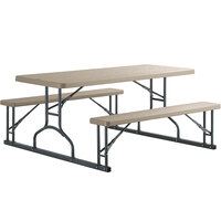 Lancaster Table & Seating 30 inchx 72 inch Rectangular Brown Faux Wood Folding Picnic Table with Attached Benches